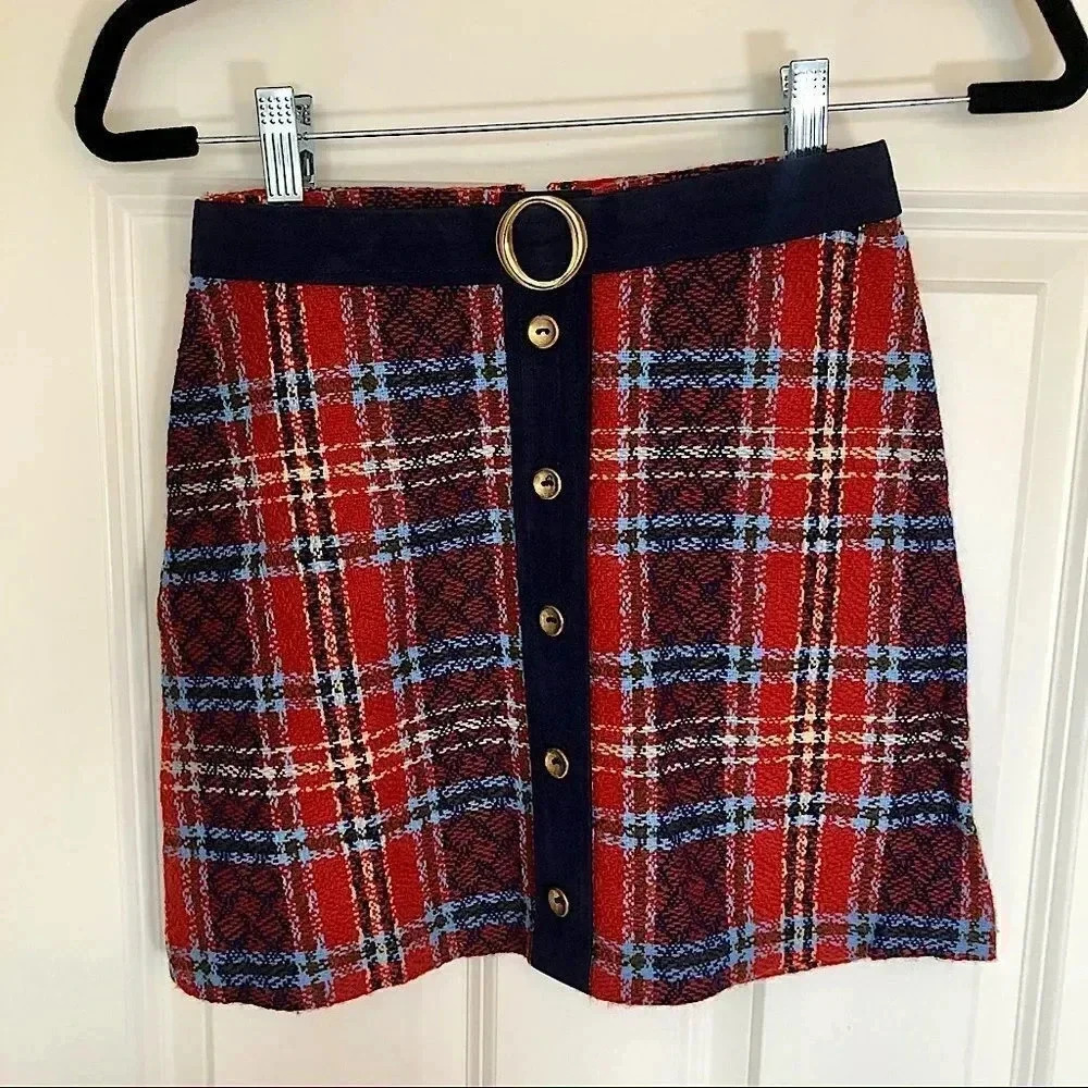 𝅺Vintage Handmade‎ MCM Red/blue tweed trendy mini skirt size XXS